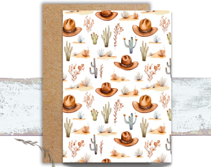 Boho Aesthetic Greeting Card for all Occasions, Wild West Watercolor Stationery, Cactus Writing Cards, Cowgirl Hat Card, Desert Vibes Card