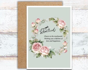 Just Married Wedding Day Watercolor Card, Cheers to the Newlyweds, Bride and Groom Wedding Celebration, Floral Wedding Congratulations Card
