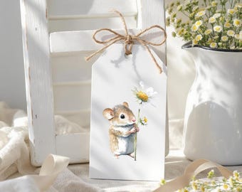Printable Mouse Gift Tags, Digital Spring Gift Tags with Cute Floral Mice, Farmhouse Animal Tags for Baby Showers, Easter, Birthdays + Her