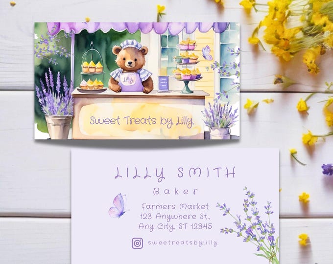 Kids Bakery Business Card: Watercolor Bear Design, Farmer's Market (Digital or Printed Cards Available)