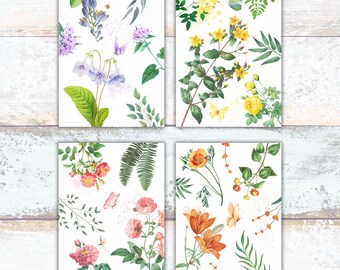 Vintage Floral Stationery Set of 4 Cards and Envelopes, Cottagecore Flowers Cards for Birthdays, Watercolor Botanical Set for Mother's Day