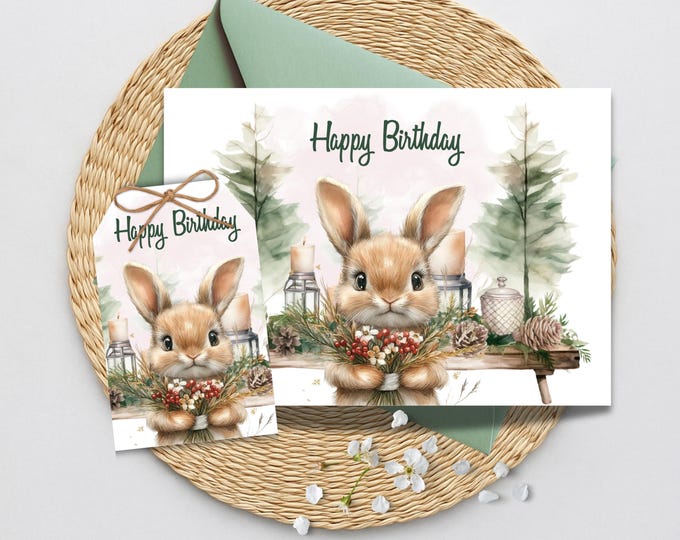 Happy Birthday Woodland Rabbit Watercolor Card, Forest Rabbit and Flower Bouquet Birthday Card, Lover of Woodland Animals Birthday Greeting