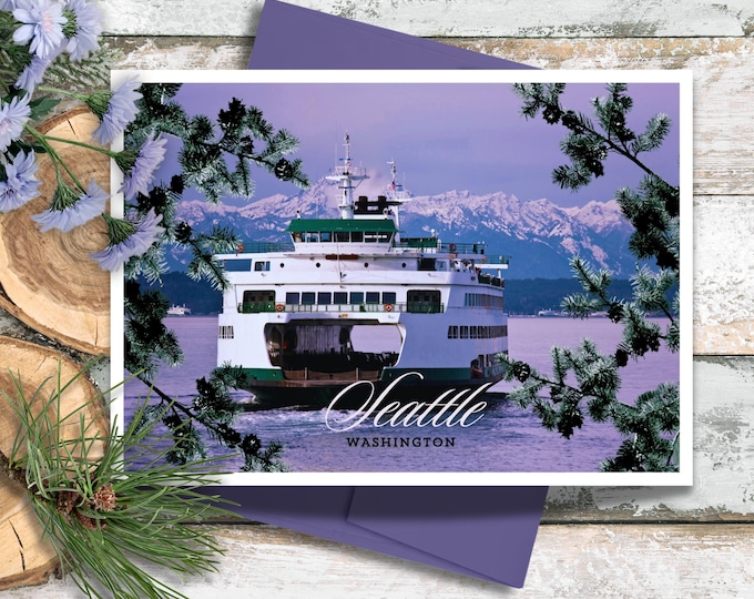Seattle Washington Ferry Greeting Card, Pacific Northwest Writing Cards, Puget Sound Note Cards, Lover of the Olympic Mountains Souvenir