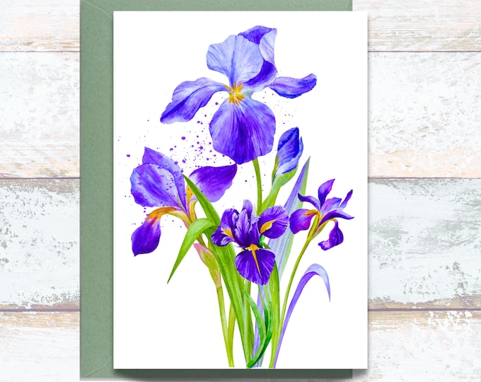 Iris Bouquet Watercolor Greeting Card, Watercolor Purple Flower Writing Cards, Pretty Purple Floral Stationery, Lover of Iris Greeting Card