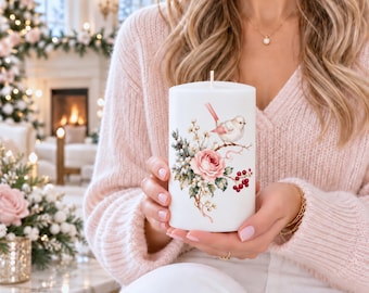 Winter Bird Pillar Candle: Romantic Blush & Maroon Floral Cottage Decor