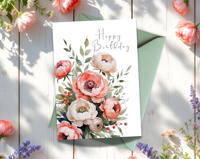 Happy Birthday Card with Coral Peony Flowers, Optional Matching Gift Tag, Elegant Floral Greeting Card, 5x7 Peony Card for Her with Envelope