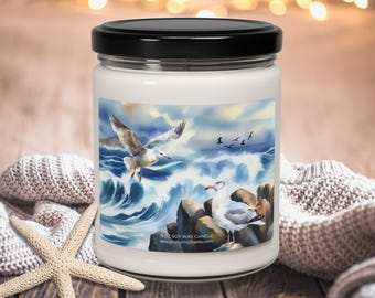 Seagulls at the Ocean Scented Candle, Watercolor Seagulls Flying above the Sea Soy Candle, Coastal Home Decor, Lover of the Ocean Gift