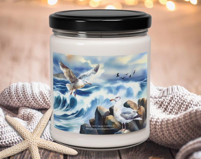 Seagulls at the Ocean Scented Candle, Watercolor Seagulls Flying above the Sea Soy Candle, Coastal Home Decor, Lover of the Ocean Gift