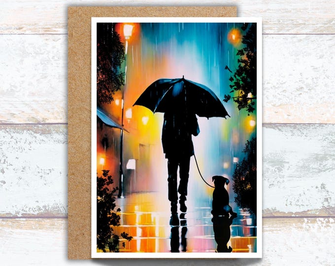 Man and Dog Walking in the Rain Greeting Card, Watercolor Rainy Night Writing Card, Dog Lover Greeting Card, Man and Best Friend Stationery