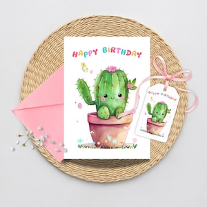 Succulent Happy Birthday Greeting Card, Cute Watercolor Succulent Birthday Celebration Card, Birthday Cactus Greeting Card and Matching Tag
