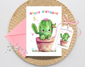 Succulent Happy Birthday Greeting Card, Cute Watercolor Succulent Birthday Celebration Card, Birthday Cactus Greeting Card for Her and Kids