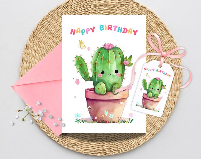 Succulent Happy Birthday Greeting Card, Cute Watercolor Succulent Birthday Celebration Card, Birthday Cactus Greeting Card and Matching Tag