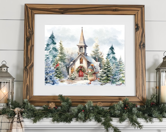 Bear Skating Christmas Print: Snowy Chapel Winter Farmhouse Decor