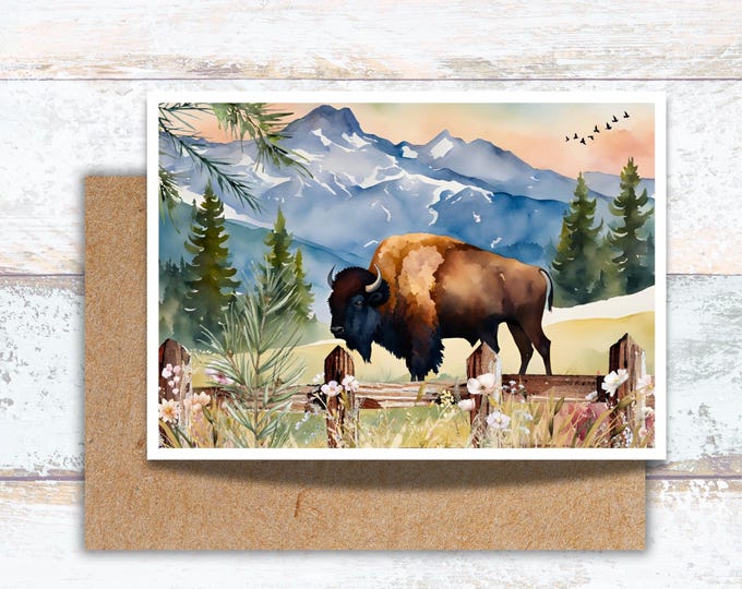 Serene Watercolor Bison Greeting Card for Nature Lovers, Beautiful Bison Grazing in Mountains, Card for Bison Enthusiasts, Mountain Scenery