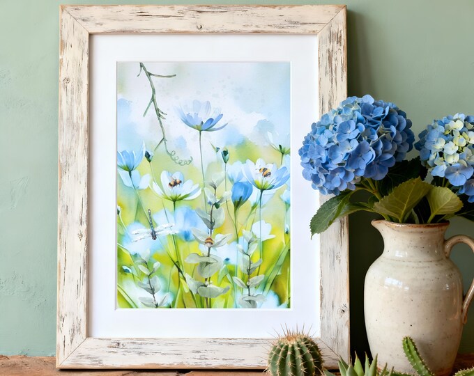 Blue Flowers and Bees Watercolor Art Print: Cottagecore Wall Decor