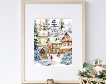 Christmas Market Holiday Art Print, Bavarian Holiday Market Wall Art, Watercolor Mountain Town Wall Art, Charming Snowy Christmas District