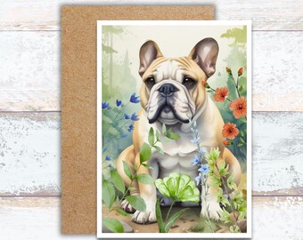 Bulldog in Nature Greeting Card, Watercolor Bulldog in Woods Writing Cards, Cute Bulldog Stationery, Lover of Bulldogs Card, Bulldog Gift