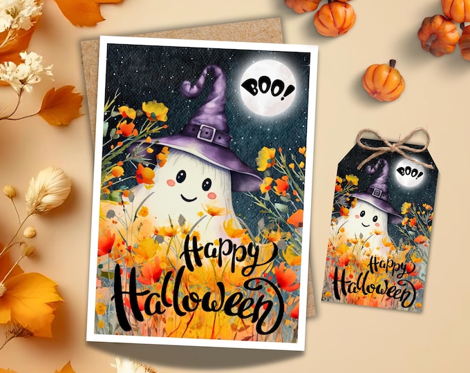 Cute Ghost Halloween Card with Optional Tag, Witch Hat Ghost with Fall Florals, Boo Moon, Happy Halloween Greeting Card for Kids and Gifts
