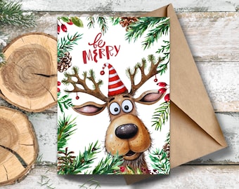 Be Merry Reindeer Christmas Card, Goofy Watercolor Reindeer Holiday Greeting Card, Funny Rudolph Christmas Greeting, Cute Reindeer Cards