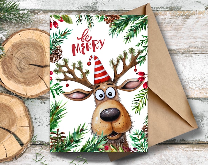 Be Merry Reindeer Christmas Card, Goofy Watercolor Reindeer Holiday Greeting Card, Funny Rudolph Christmas Greeting, Cute Reindeer Cards