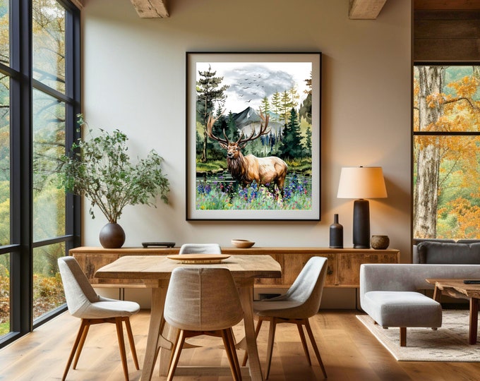 Elk in Nature Art, Watercolor Elk Print, Animal Wall Decor, Rustic Lodge Wall Art, Cabin Wall Decor, Mancave Nature Art, Elk Illustration