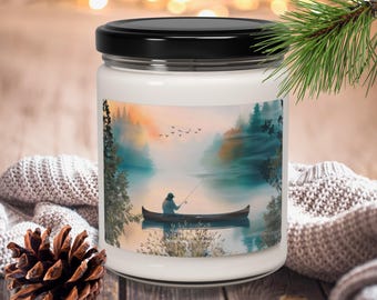 Fisherman on a Misty Lake Scented Candle, Foggy Forest Lake and Fisherman Soy Candle, Lover of Fishing Home Decor, Fisherman Gift for Him