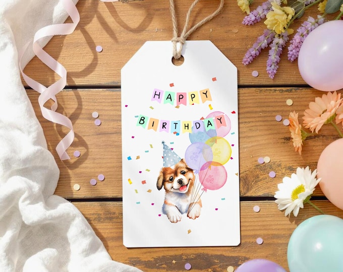 Puppy Birthday Gift Tag, Printable Party Favor Tag with Balloons and Confetti, Cute Digital Dog Gift Tag for Kids Birthday, Instant Download