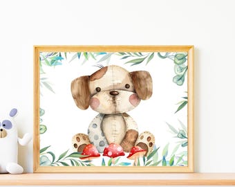 Plush Puppy Watercolor Nursery Wall Art Print, Brown Puppy in Nature Kids Wall Decor, Puppy and Mushrooms Wall Art, Lover of Puppies Print