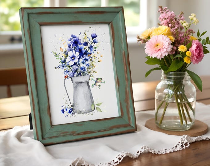 Blue Wildflower Frog Print: Watercolor Floral Bouquet in Farmhouse Pitcher