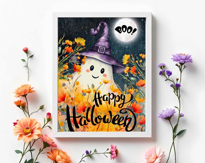 Whimsical Ghost Halloween Art Print: Orange Flowers, Glowing Moon