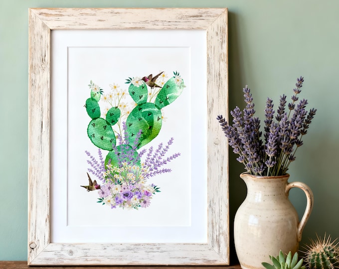 Watercolor Prickly Pear Cactus Art Print: Hummingbird Southwest Wall Decor