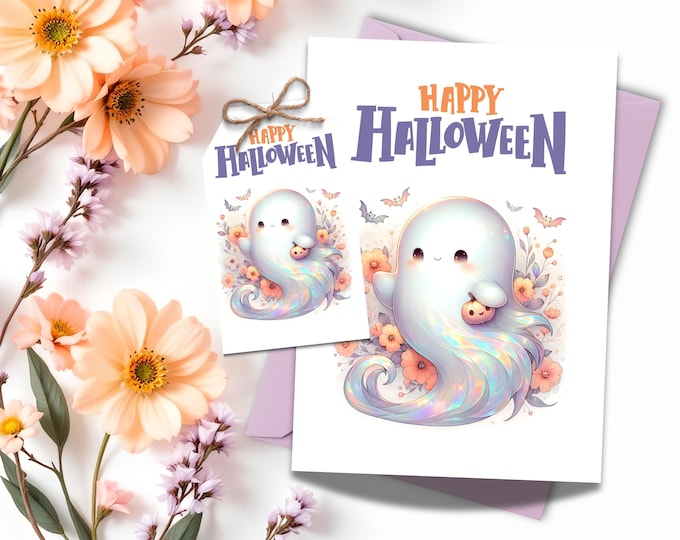 Iridescent Ghost Halloween Card: Pastel Flowers, Bats, Optional Gift Tag