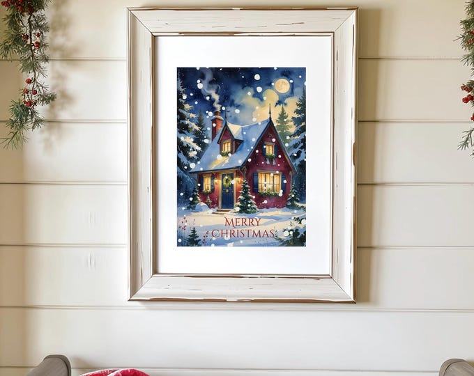 Christmas Cabin Watercolor Print: Cozy Winter Snow Scene