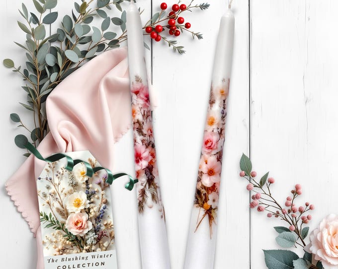 Floral Taper Candle Set: Blush and Ivory Winter Botanicals, Elegant Décor