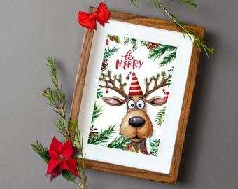 Be Merry Reindeer Holiday Wall Art Print, Funny Watercolor Reindeer Christmas Wall Decor, Goofy Reindeer Holiday Decor, Cute Holiday Decor
