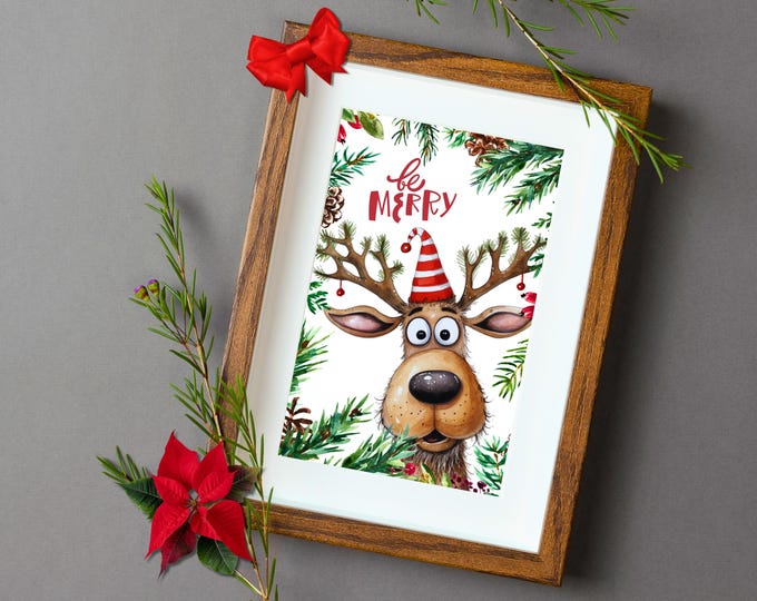Be Merry Reindeer Holiday Wall Art Print, Funny Watercolor Reindeer Christmas Wall Decor, Goofy Reindeer Holiday Decor, Cute Holiday Decor