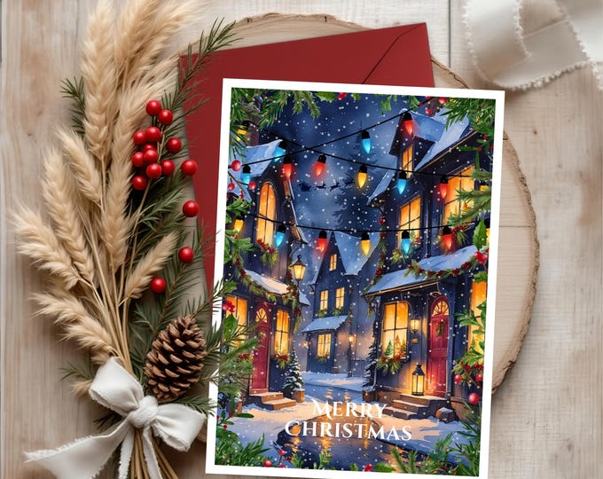 Snowy Christmas Village Greeting Card: Watercolor Winter Scene
