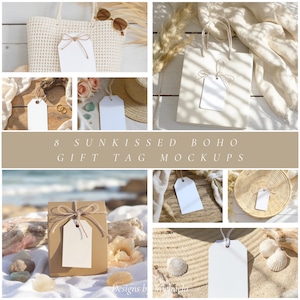 Set di mockup di etichette regalo Boho per artisti, decorazioni piatte leggere e ariose con fiori secchi, lino e atmosfere costiere, perfette per i venditori di etichette Etsy.