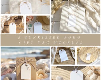 Boho Gift Tag Mockup Bundle for Artsits, Light and Airy Flat Lays with Dried Florals, Linen, and Coastal Vibes, Perfect for Etsy Tag Sellers