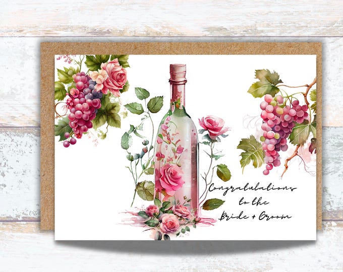 Congratulations to the Bride and Groom Greeting Card, Watercolor Floral Wine and Grapes Wedding Card, Wine Lover Wedding Congratulations