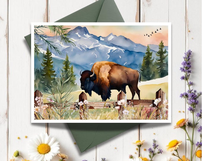 Rustic Bison Watercolor Greeting Card: Mountain Landscape, Nature Lover Gift