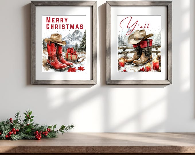Rustic Cowboy Boot Christmas Prints: Farmhouse Holiday Wall Art Set