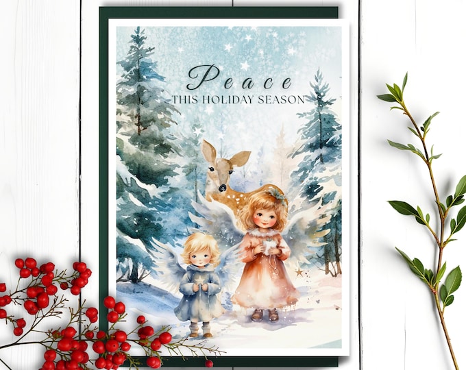 Featured listing image: Cottagecore Angel Christmas Card: Winter Forest Deer, Vintage Holiday Greeting