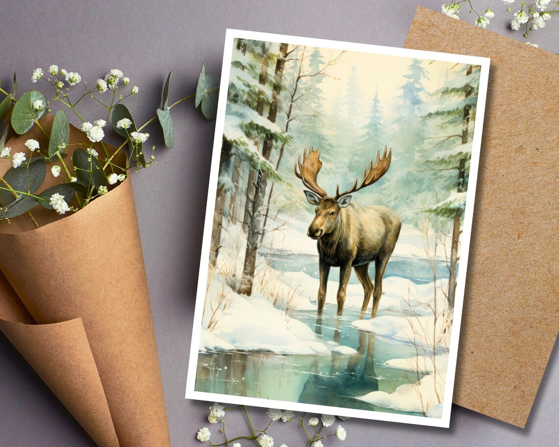 Winter Moose Greeting Card, Watercolor Moose Holiday Card, Vintage ...