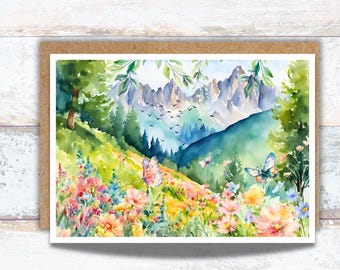 Alpine Meadow Watercolor Greeting Card, Alpine Landscape with Wildflowers and Butterflies, Nature Stationery for Birthdays, Wildflower Lover