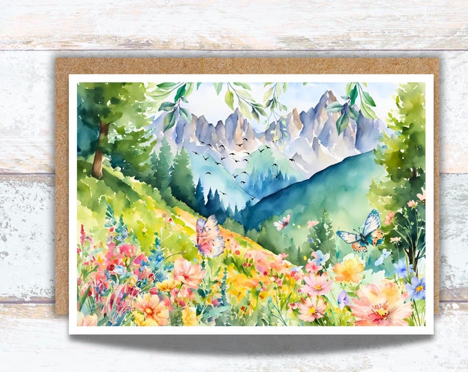 Alpine Meadow Watercolor Greeting Card, Alpine Landscape with Wildflowers and Butterflies, Nature Stationery for Birthdays, Wildflower Lover
