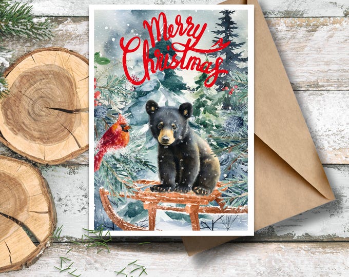 Black Bear Christmas Card, Watercolor Christmas Bear, Baby Bear and Cardinal Christmas Card, Bear in Woods Holiday Greeting, Bear on Sled