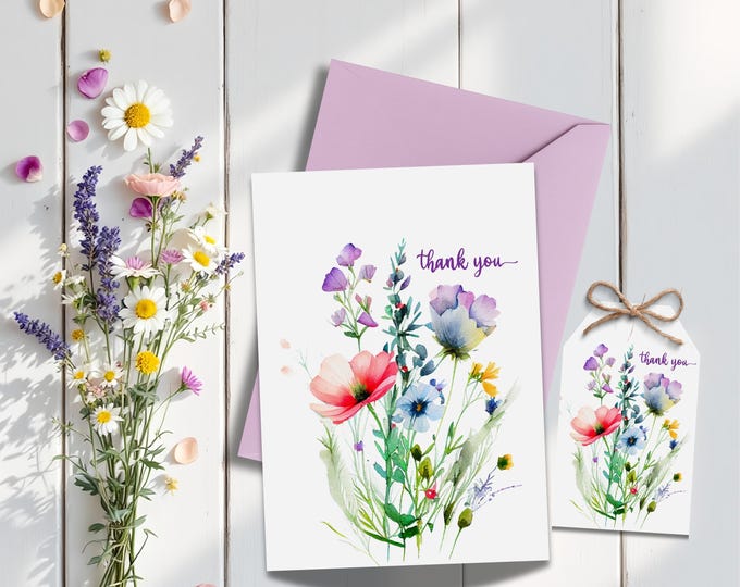 Floral Thank You Card with Wildflowers, Optional Gift Tag, Blank Inside Greeting, Garden Stationery for Weddings, Spring, Everyday Gratitude