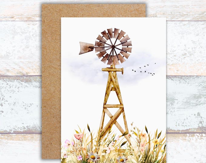 Windmill in Flower Fields Greeting Card, Watercolor Windmill and Flowers Writing Cards, Rustic Windmill Note Card, Windmill Lover Stationery