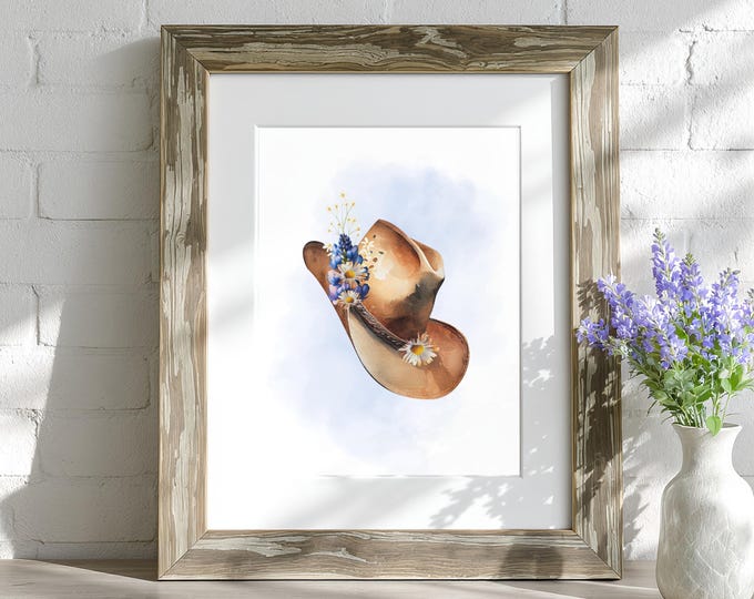 Cowgirl Hat with Bluebonnets Wall Art Print – Rustic Western Country Decor with Wildflowers